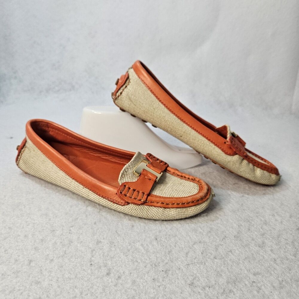 TORY BURCH Womens Driving Moccasins Sz 6 Orange Leather Canvas Loafers Tan